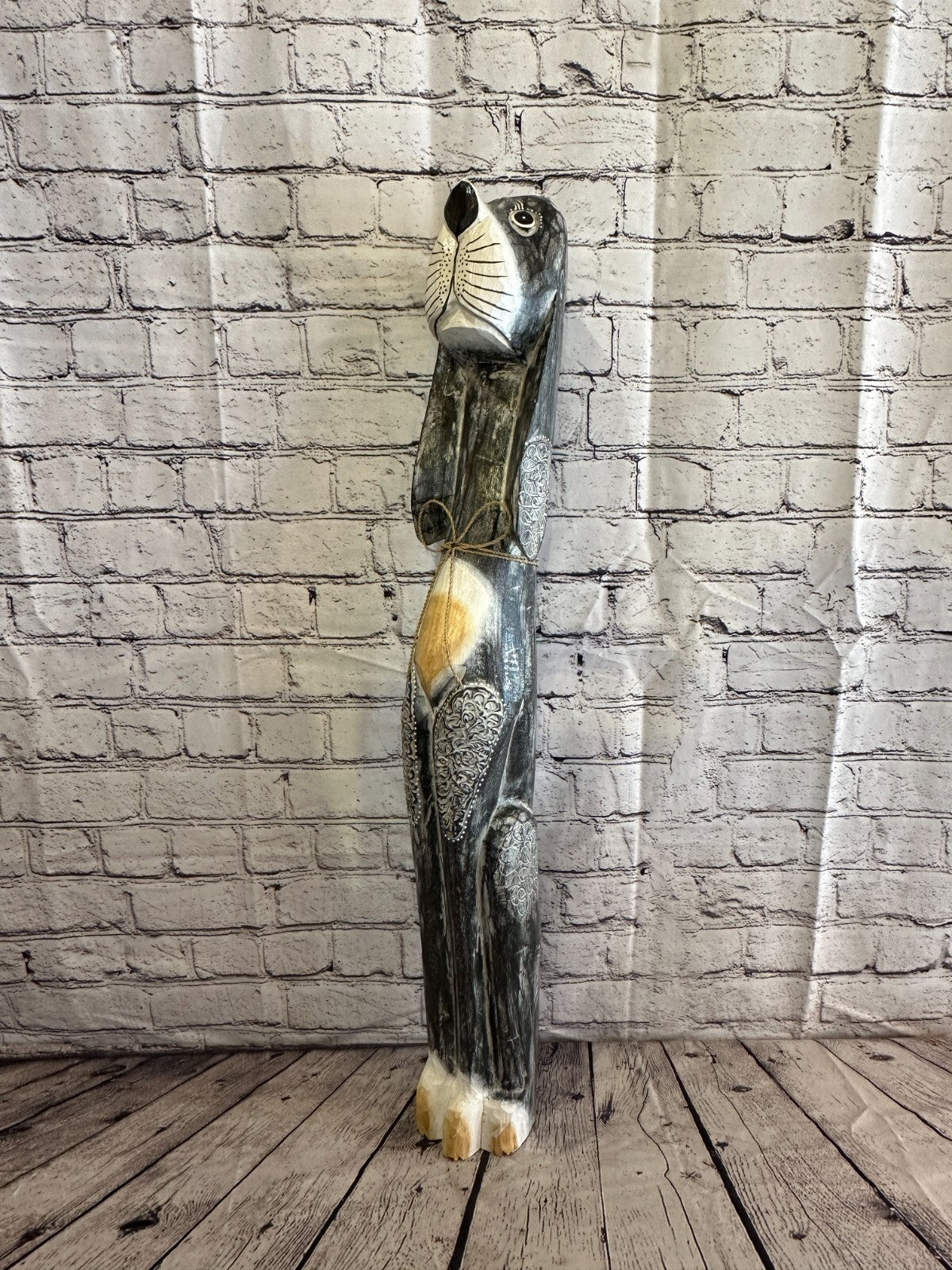 80cm Grey Flower Wooden Shabby Dog Statue Ornament Fair Trade Handcarved