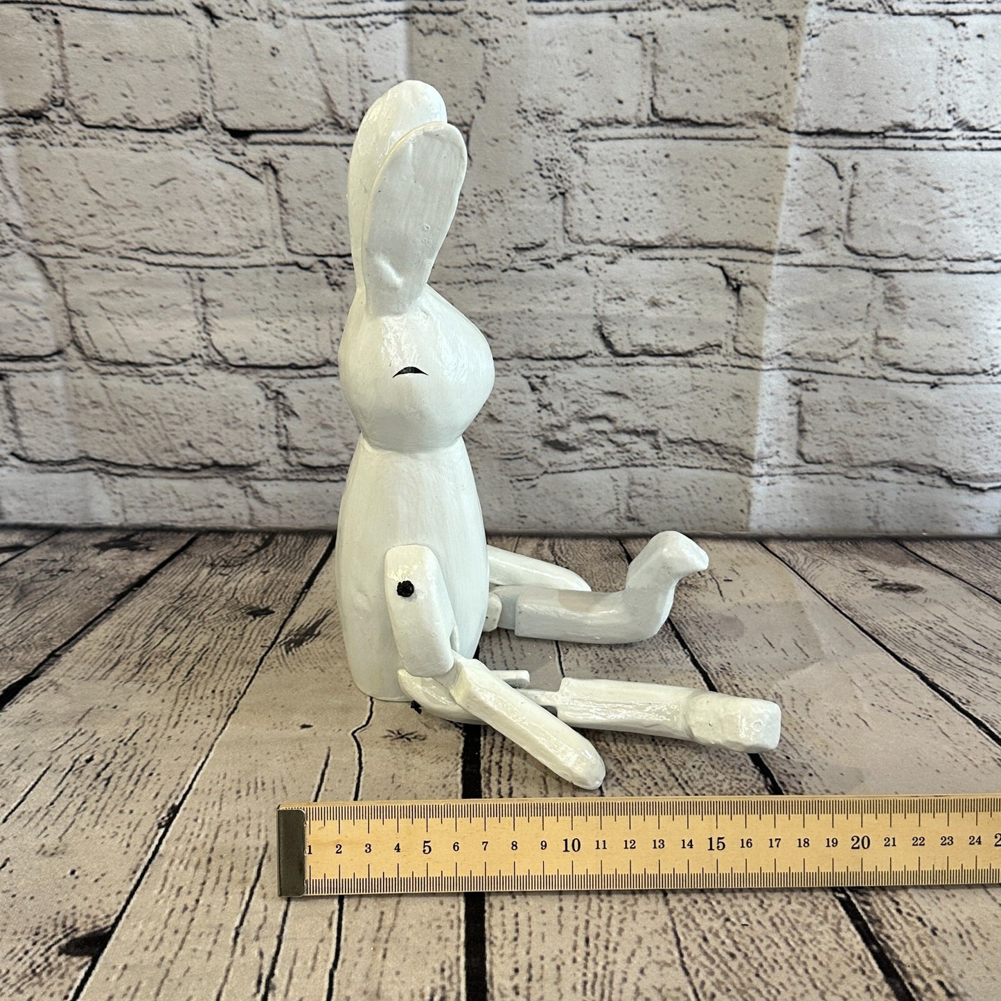 20cm White Rabbit Sitting Animal, Wooden Shelf Ornament Handmade & Fairtrade