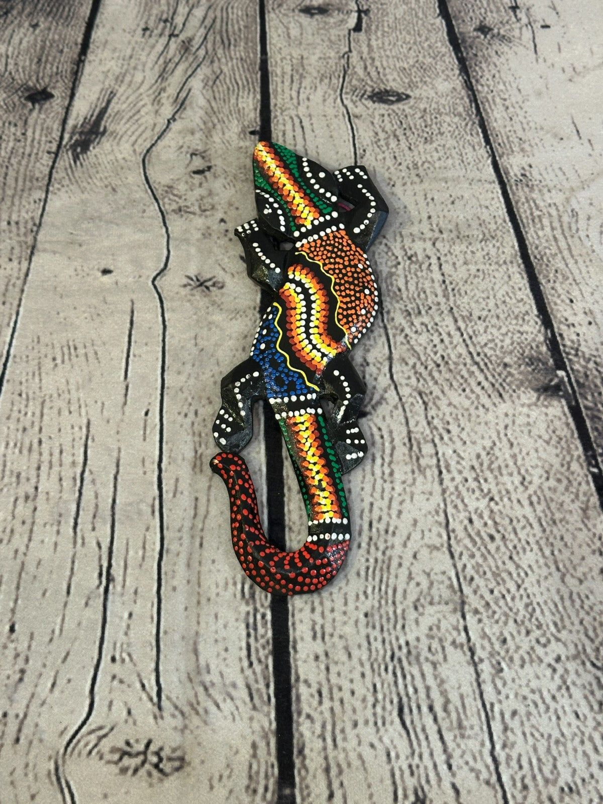 20cm Gecko Carved Wooden Dot Painted Ethnic Tribal Tiki Wall Handmade No 10