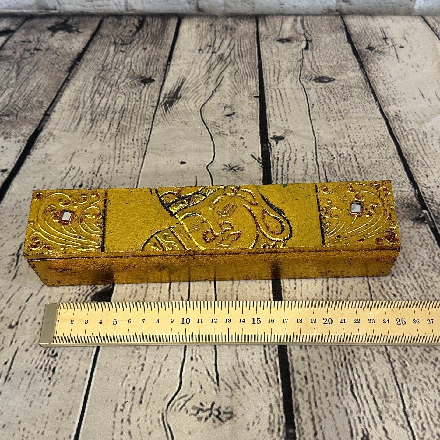 Bright Gold Thai Plain Buddha Head 25cm x 5cm x 5cm Wooden Box Trinket Handmade