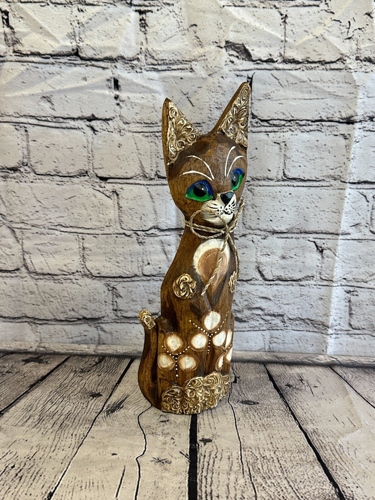 30cm Brown Swirl Flower Wooden Shabby Cat Statue Ornament Fair Trade Handcarved
