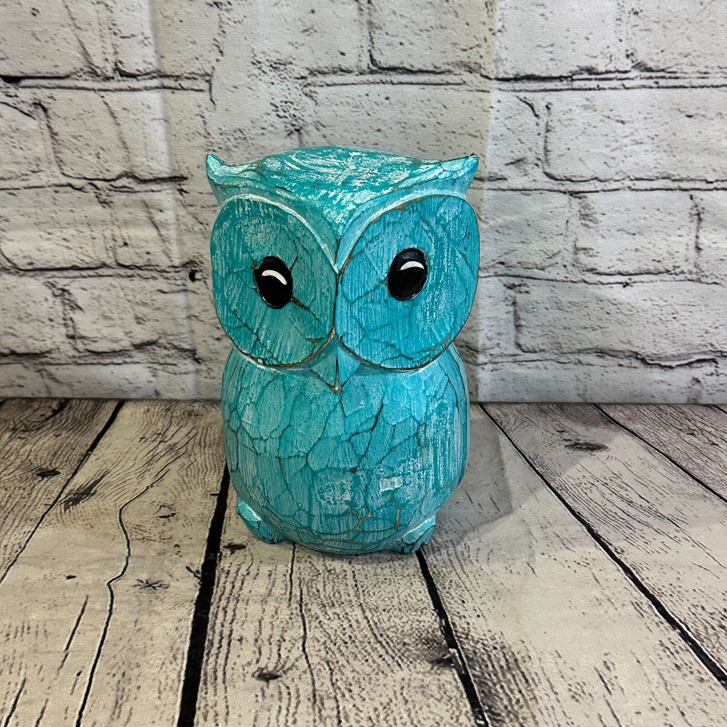 20cm x 15cm Green Flower Wooden Shabby Owl Statue Ornament Fair Trade Handcarved