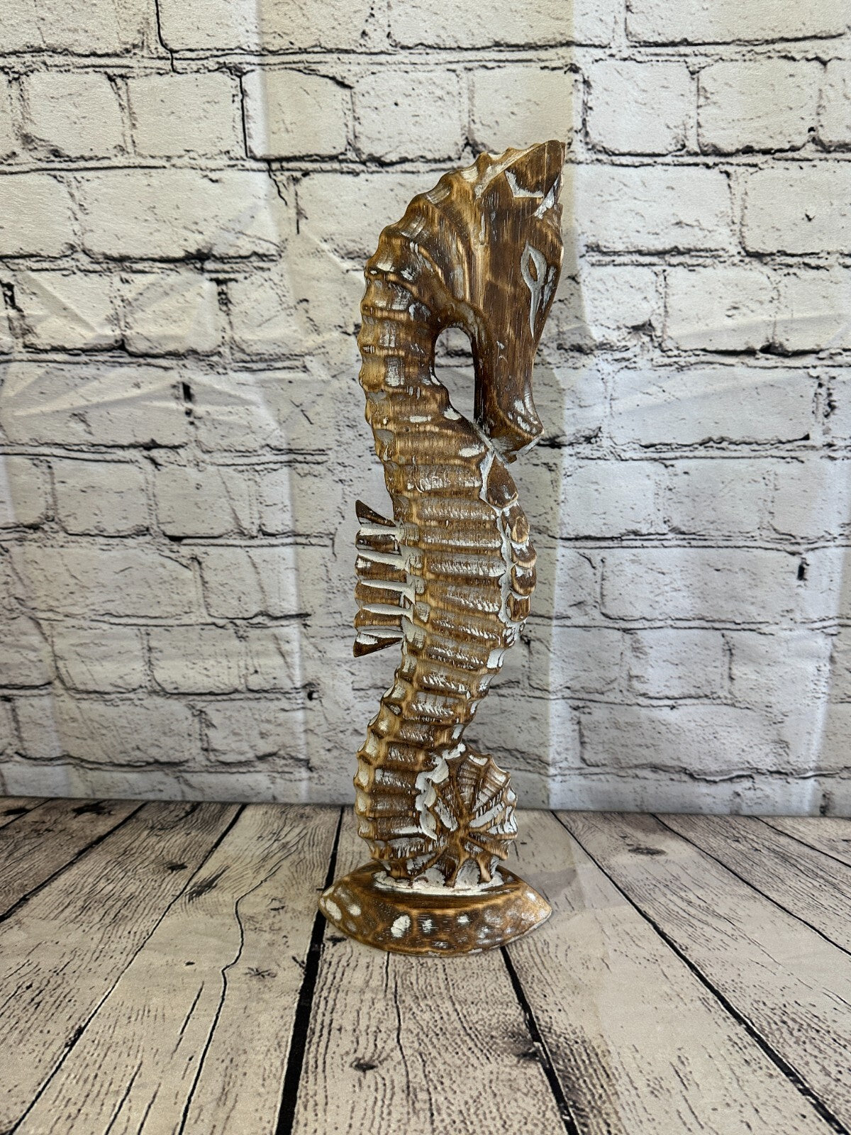 40cm Brown Plain Wooden Shabby Seahorse Statue Ornament Fair Trade Handcarved