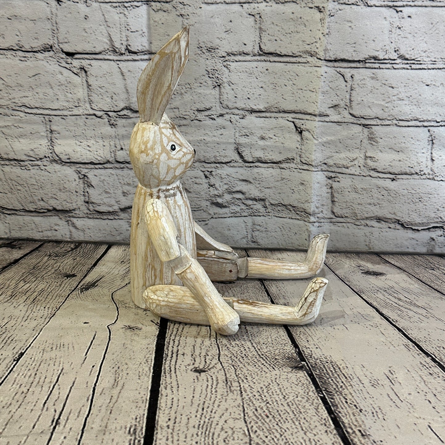 25cm Shabby White Rabbit Sitting Animal Wooden Shelf Ornament Handmade Fairtrade