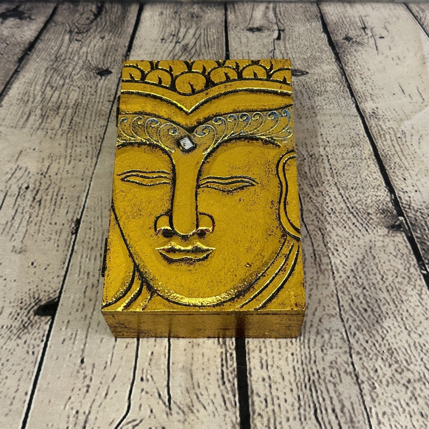 Bright Gold Thai Plain Buddha Face 20cm x 12cm x 5cm Wooden Box Trinket Handmade