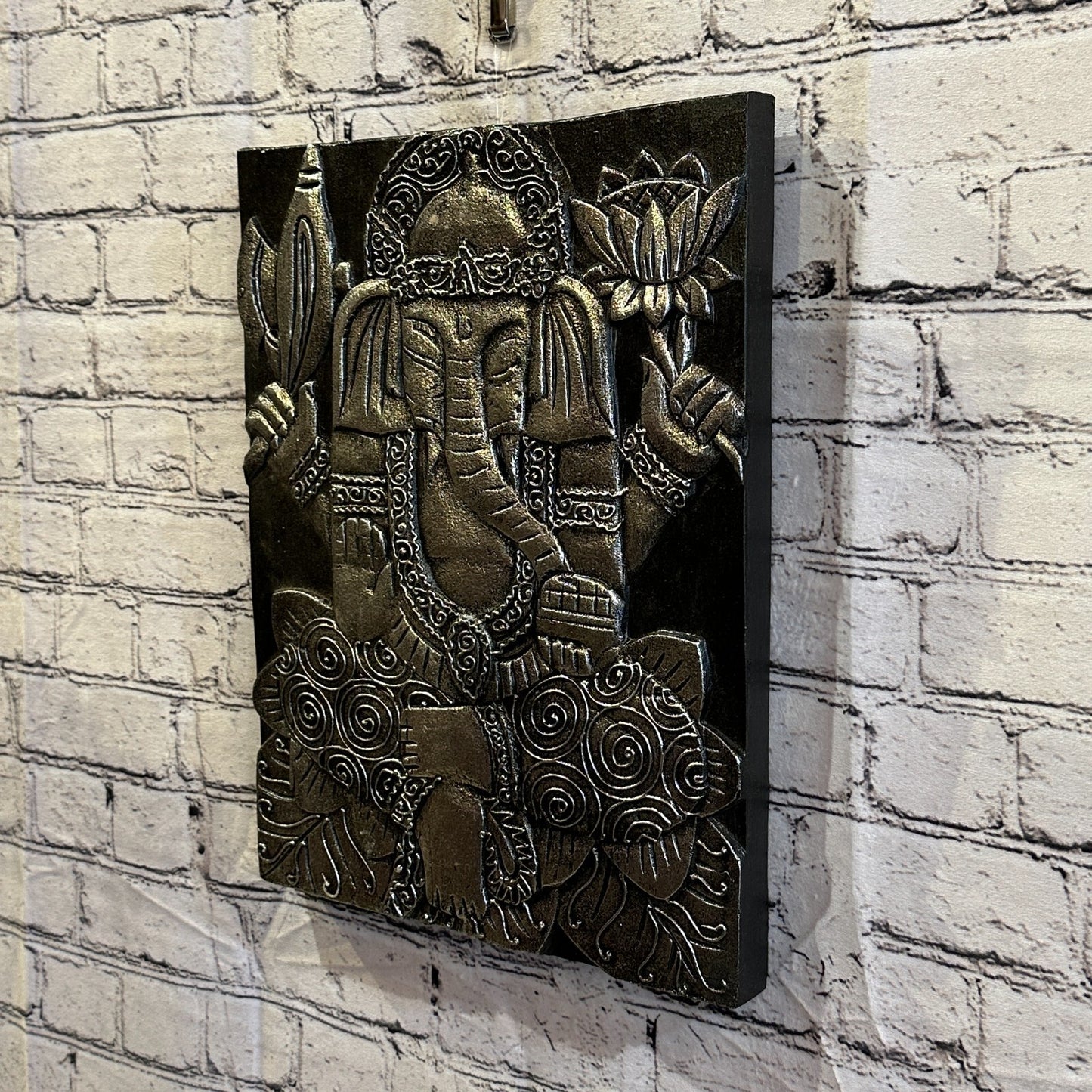 Wooden Wood Panel 40cm Brown Silver Ganesh Lotus Wall Art Plaque Handcarved