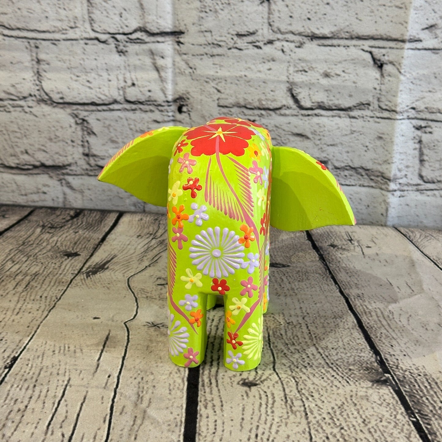 Green Wooden Elephant With Flower Pattern 15cm x 18cm Handmade and Fairtrade