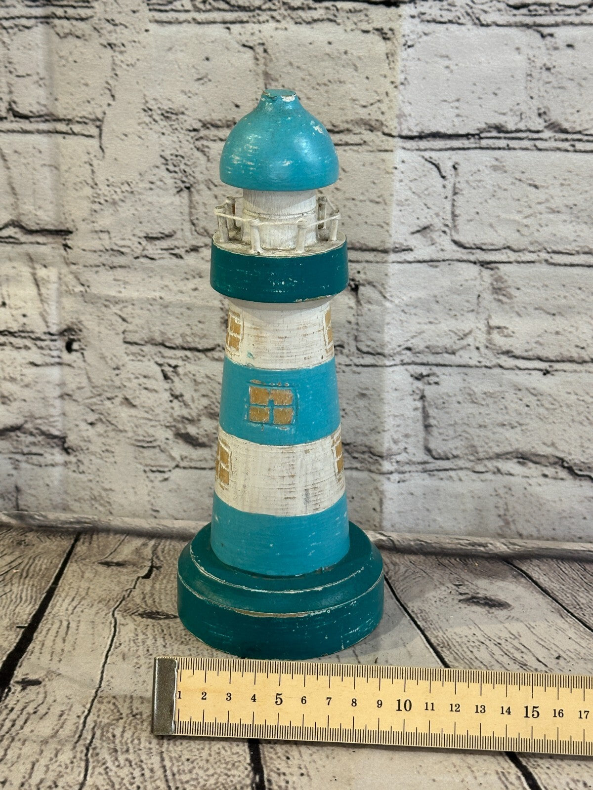25cm Green White Wooden Lighthouse Ornament Nautical Coastal Sculpture Statue