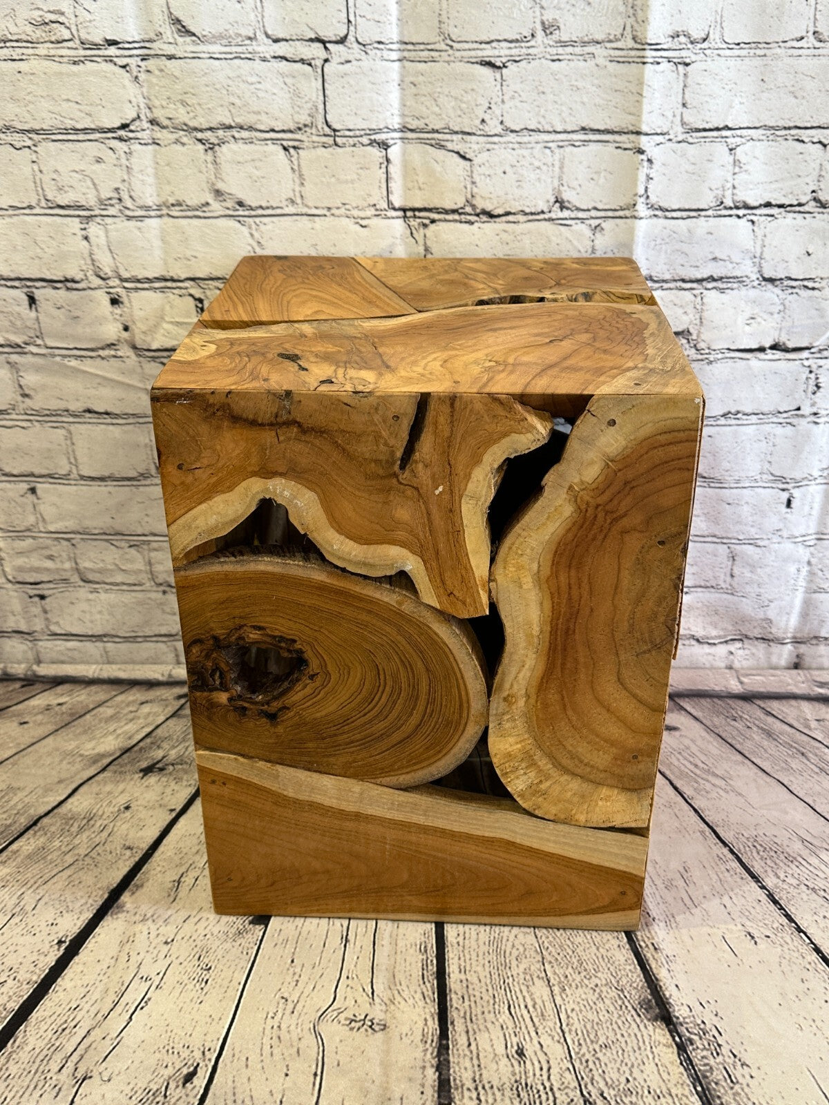 40cm x 30cm Teak Root Wood Block Side Table Lamp Stool Square Wood Coffee Table