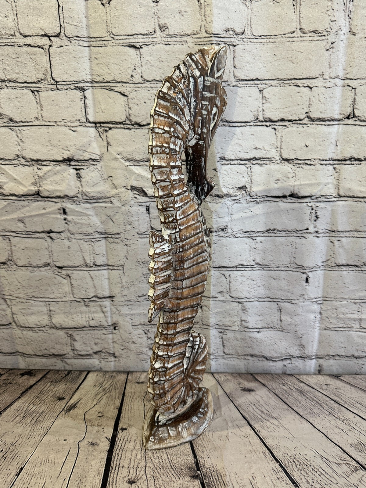 50cm Brown Plain Wooden Shabby Seahorse Statue Ornament Fair Trade Handcarved