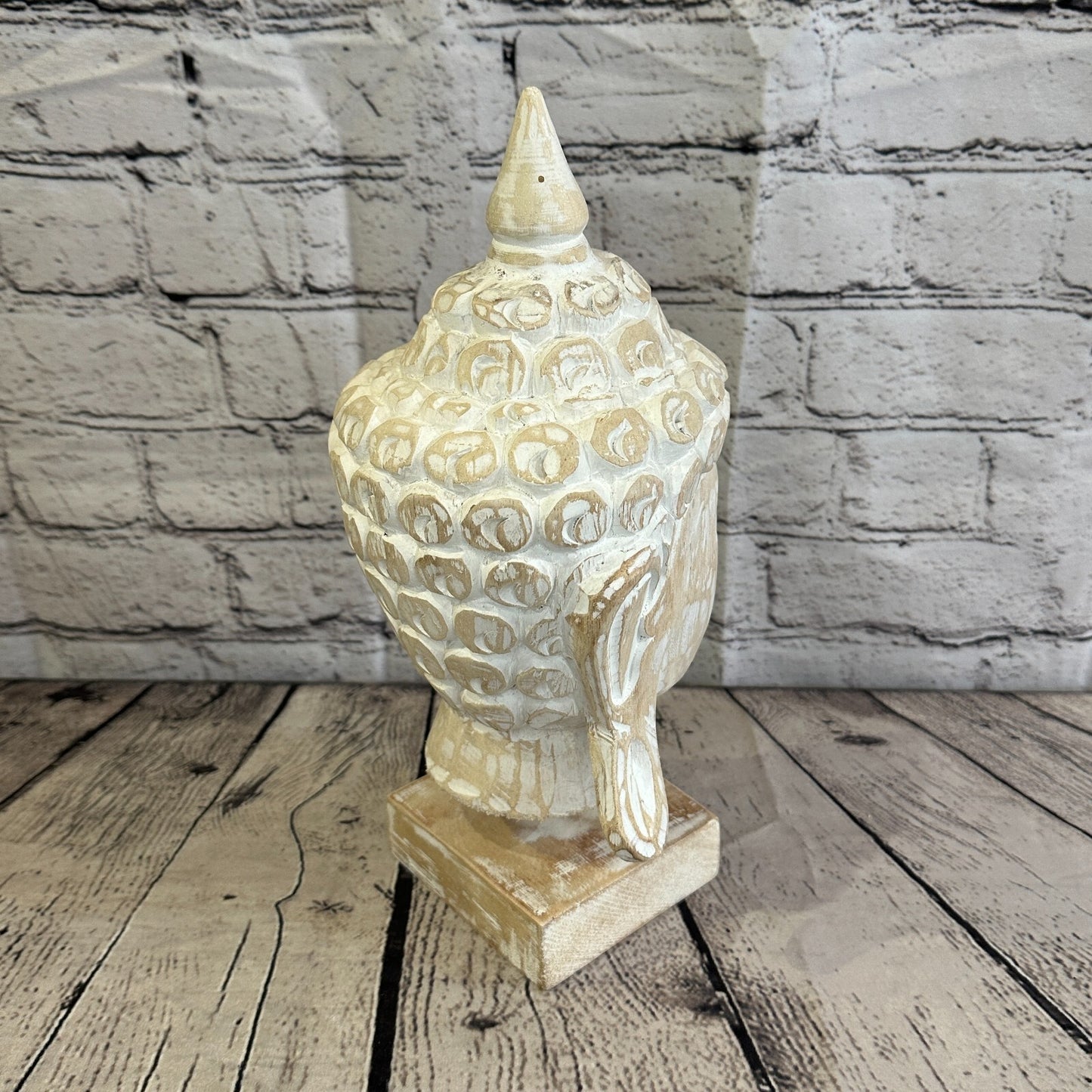 30cm White Buddha Head Wooden Standing Statue Figurine Ornament Fair Trade