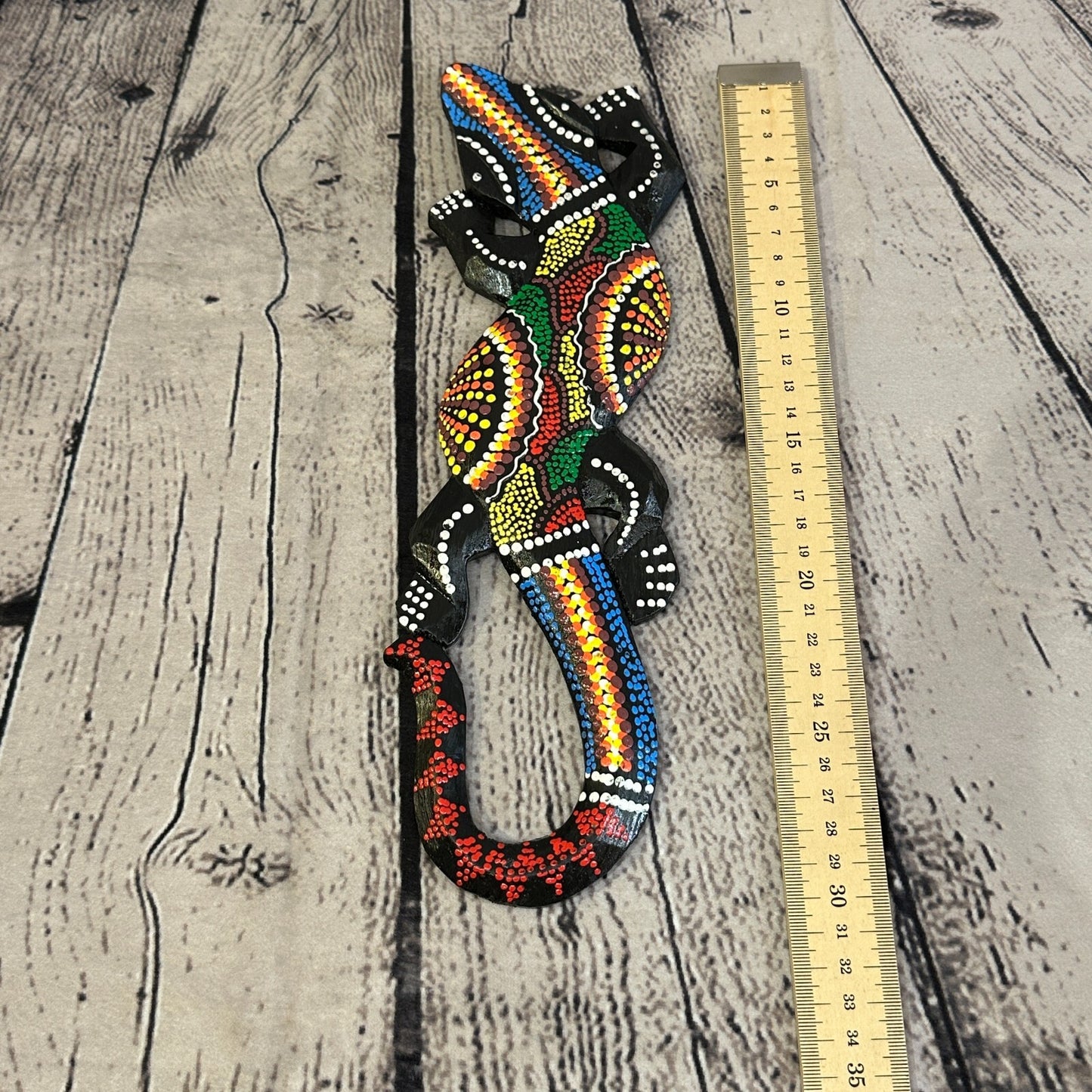 30cm Gecko Carved Wooden Dot Painted Ethnic Tribal Tiki Wall Handmade No 2