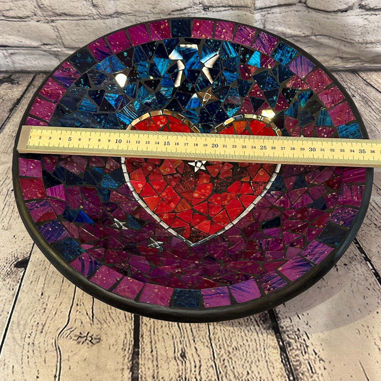 35cm Purple Red Heart Round Mosaic Handmade Ceramic Glass Tile Bowl Fruit