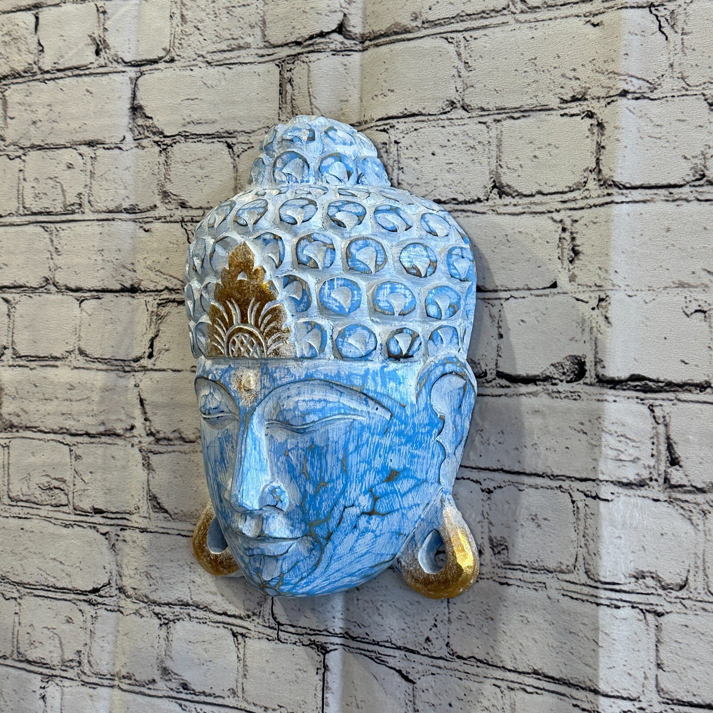 30cm x 20cm Blue Buddha Head Mask Wooden Hanging Statue Figurine Ornament