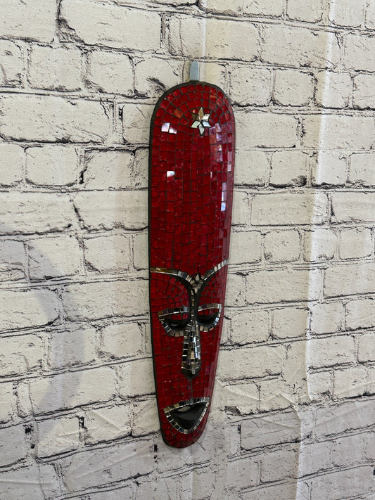 50cm Red Mosaic Mirror Mask Carved Painted Ethnic Tribal Wall Art Handmade