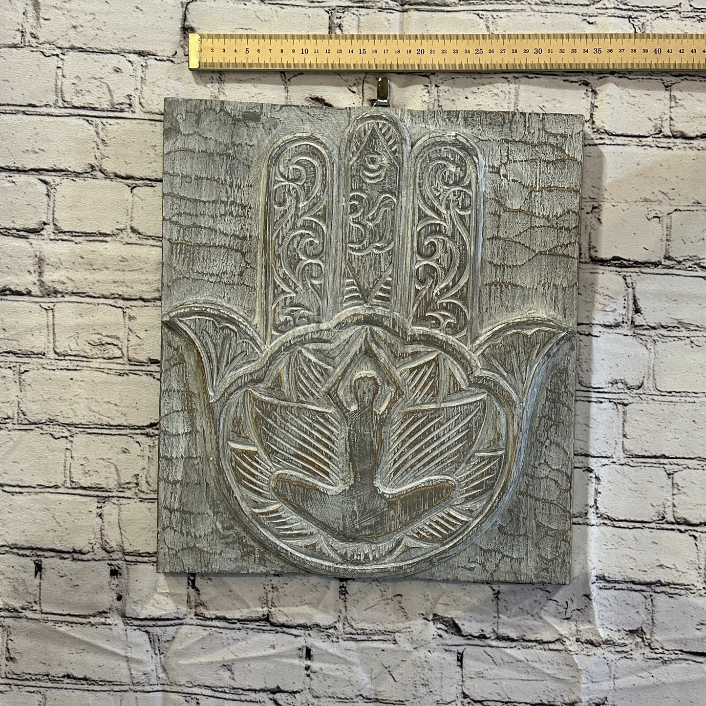 Hand Of Fatima Wooden Panel 40cm x 35cm Silver Grey Wall Art Plaque Handcarved