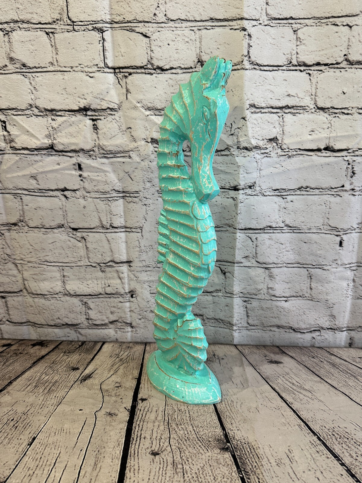 40cm Green Plain Wooden Shabby Seahorse Statue Ornament Fair Trade Handcarved