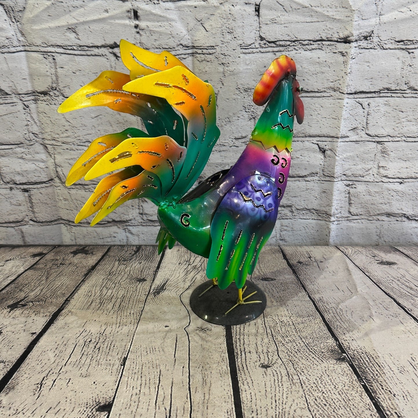 40cm x 25cm Green Purple Metal Chicken Ornament Painted Statue Candle Holder