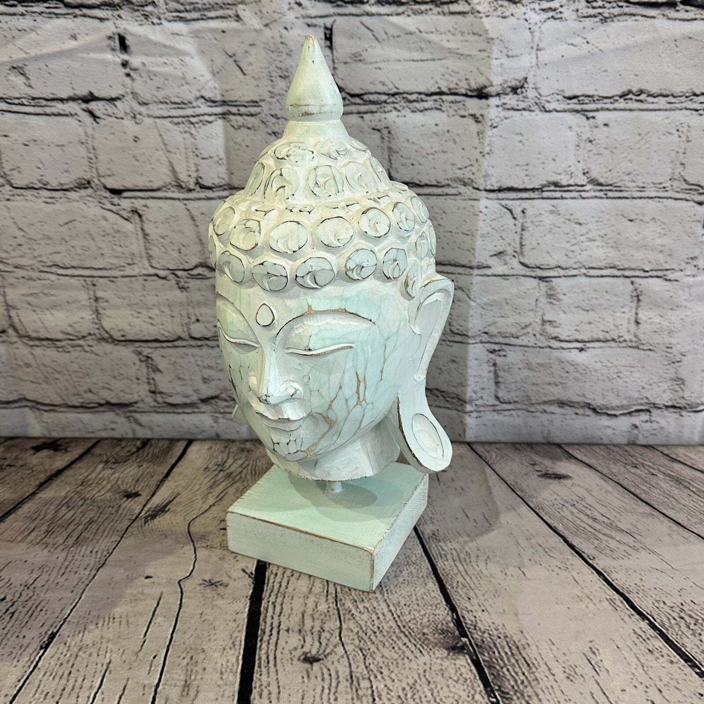 30cm Green Buddha Head Wooden Standing Statue Figurine Ornament Fair Trade