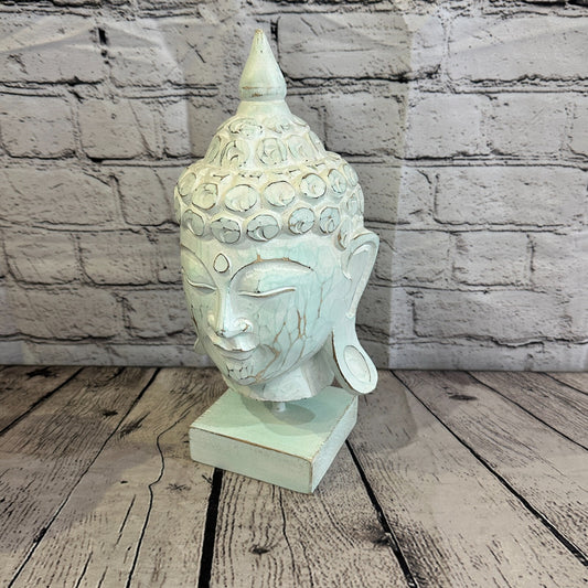 30cm Green Buddha Head Wooden Standing Statue Figurine Ornament Fair Trade
