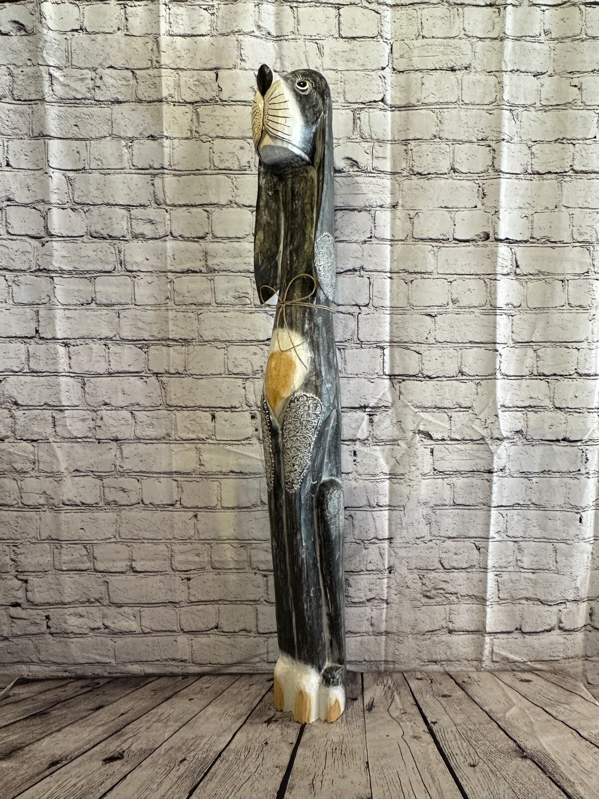 100cm Grey Flower Wooden Shabby Dog Statue Ornament Fair Trade Handcarved