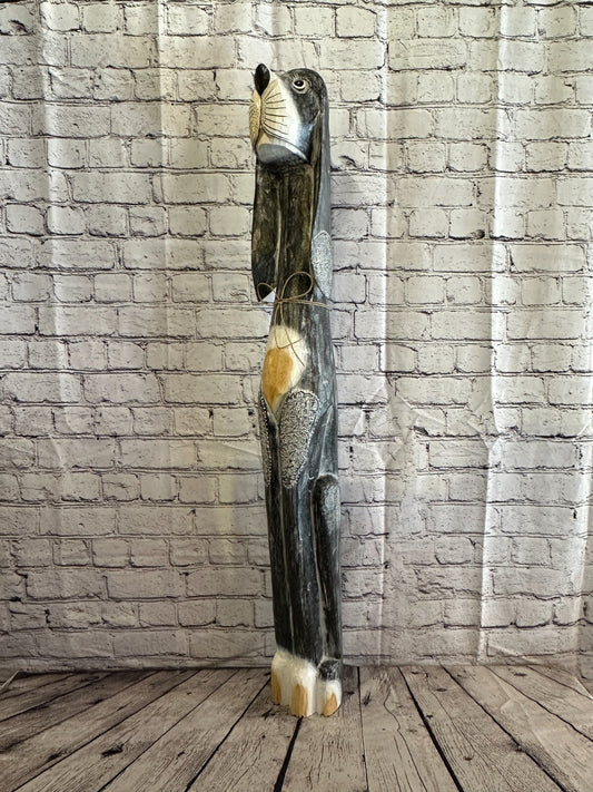 100cm Grey Flower Wooden Shabby Dog Statue Ornament Fair Trade Handcarved
