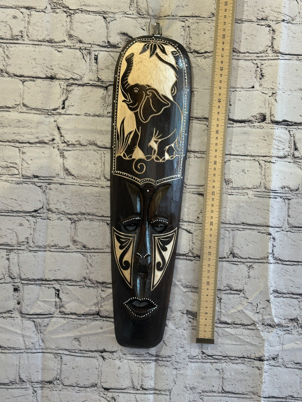 50cm Elephant Mask Carved Wooden Brown Work Painted Ethnic Tribal Tiki Wall Art