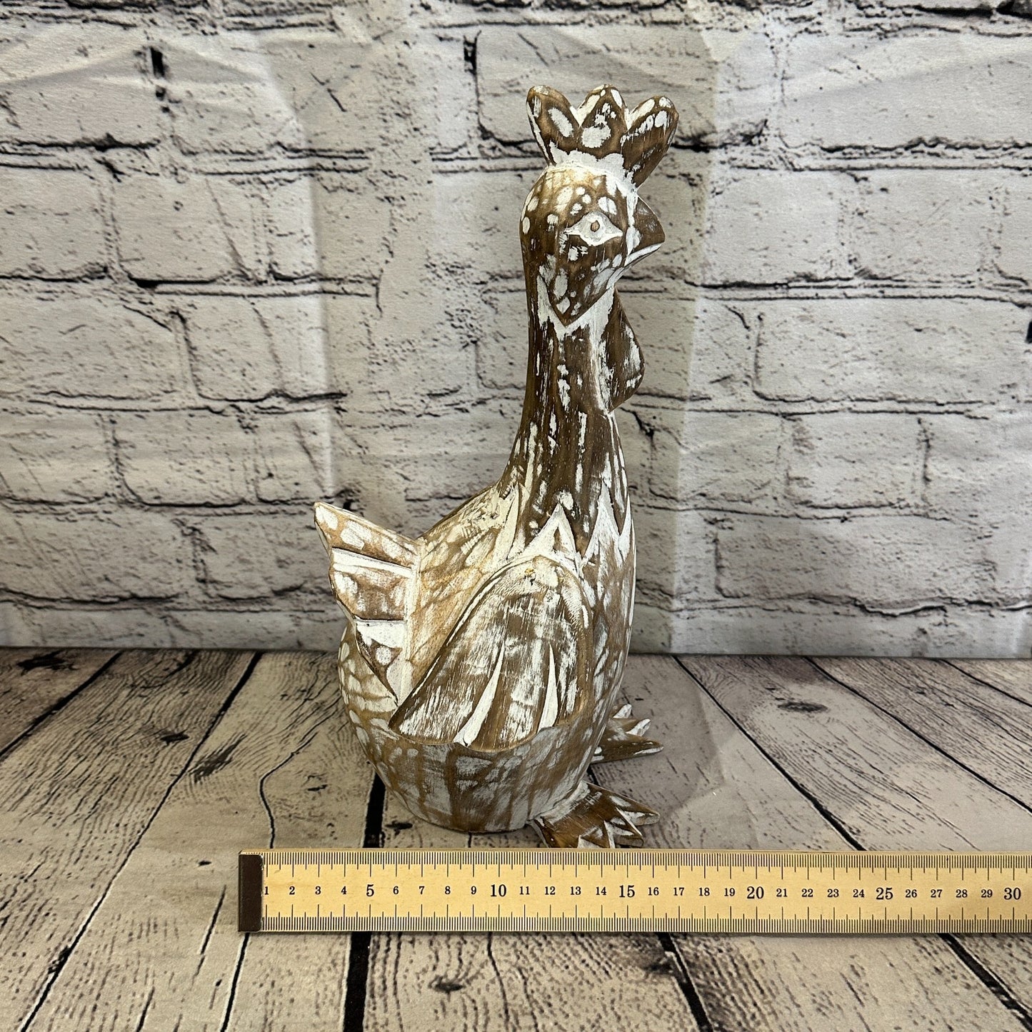 30cm x 15cm Brown Shabby Wooden Rooster Cockerel Retro Collectable Hand Carved