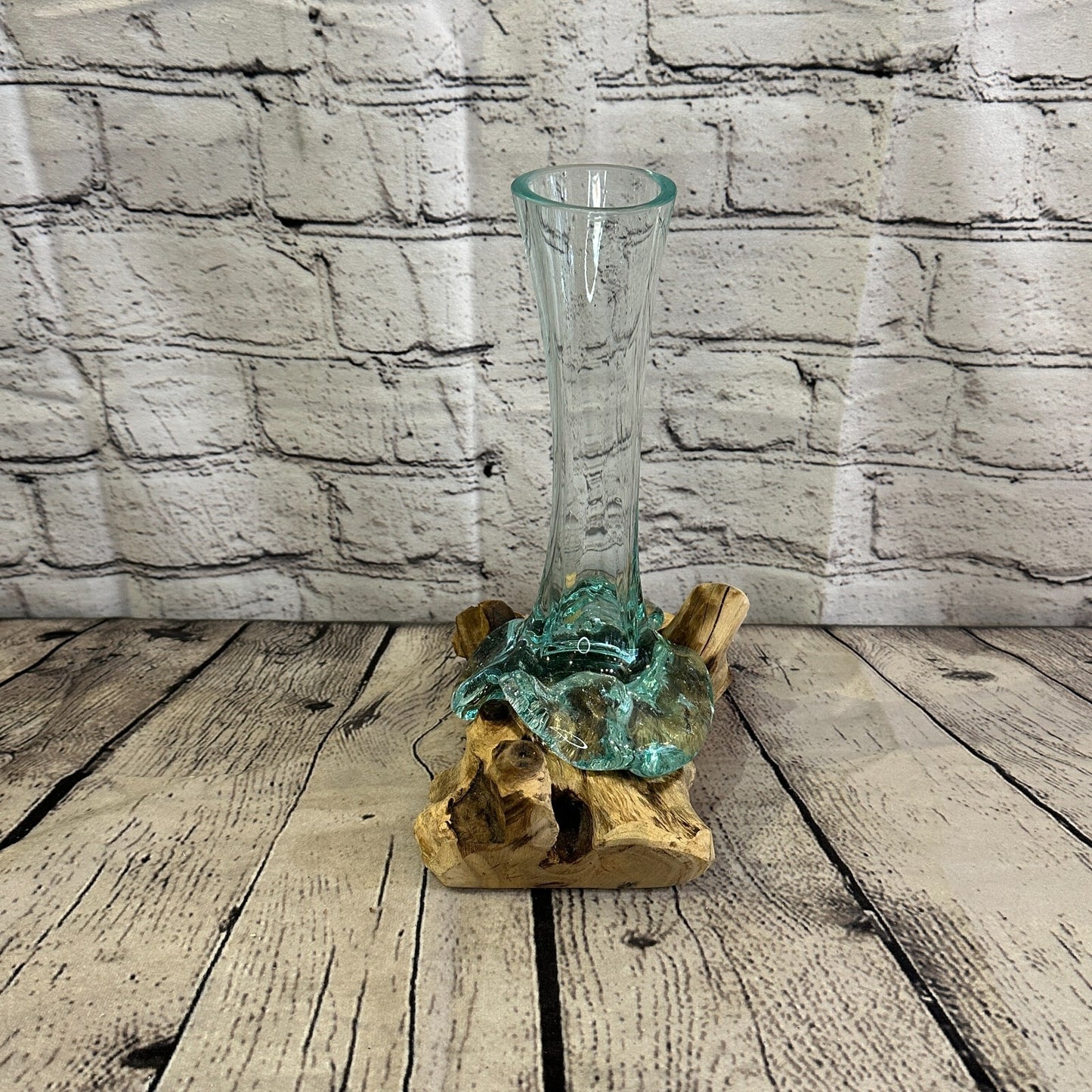 25cm x 15cm Molten Glass Round Vase Natural Root Wood Base Stand Decor Ornament