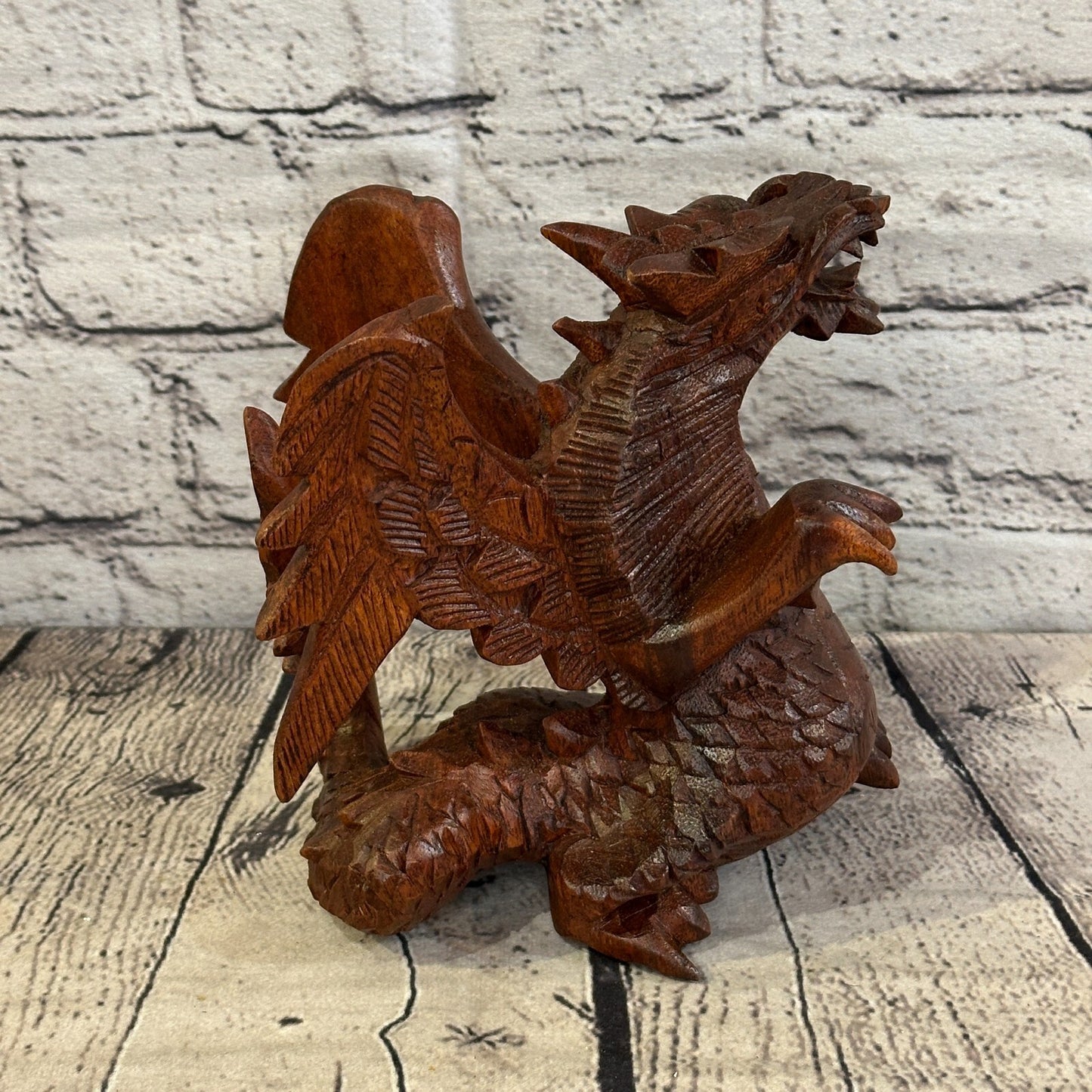 15cm x 15cm Dark Wooden Standing Dragon Carving Hand Carved Wing Back Dragon