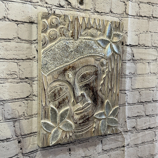 Wooden Wood Panel 40cm Brown White Buddha Hibiscus Wall Art Plaque Handcarved