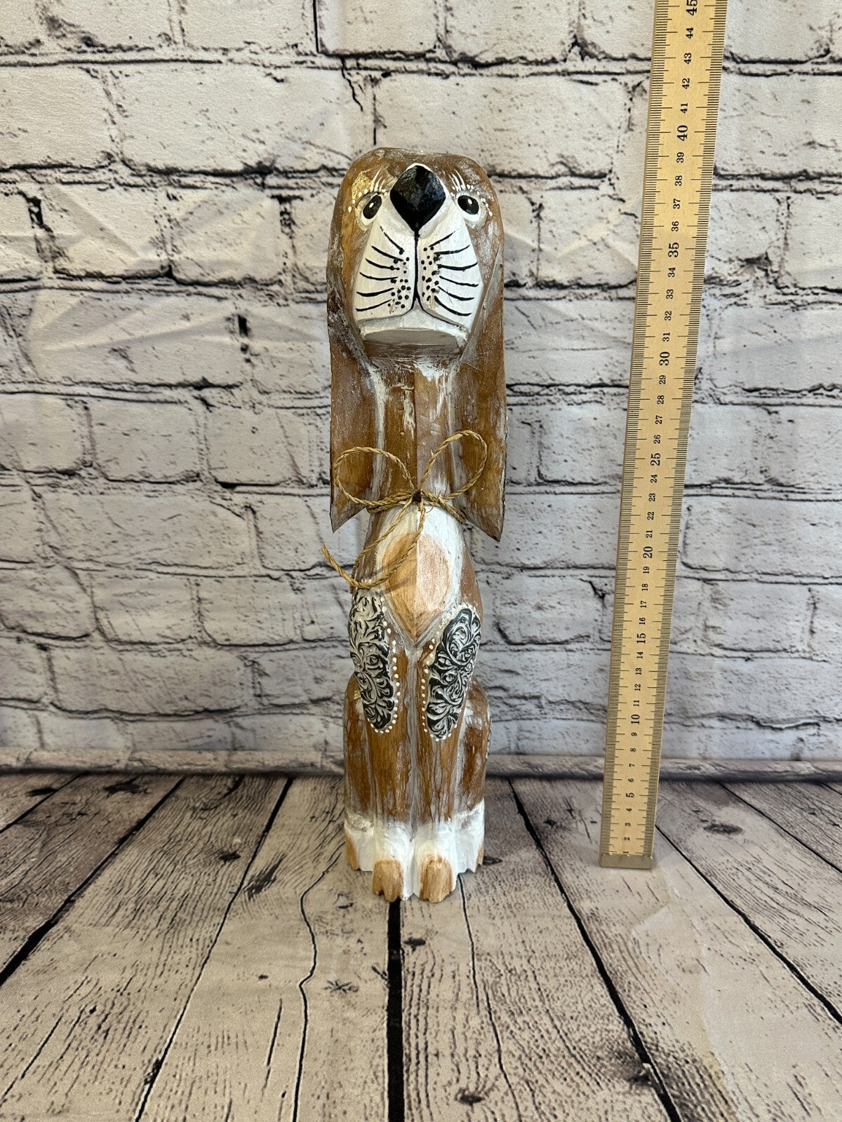 40cm Light Brown Flower Wooden Shabby Dog Statue Ornament Fair Trade Handcarved