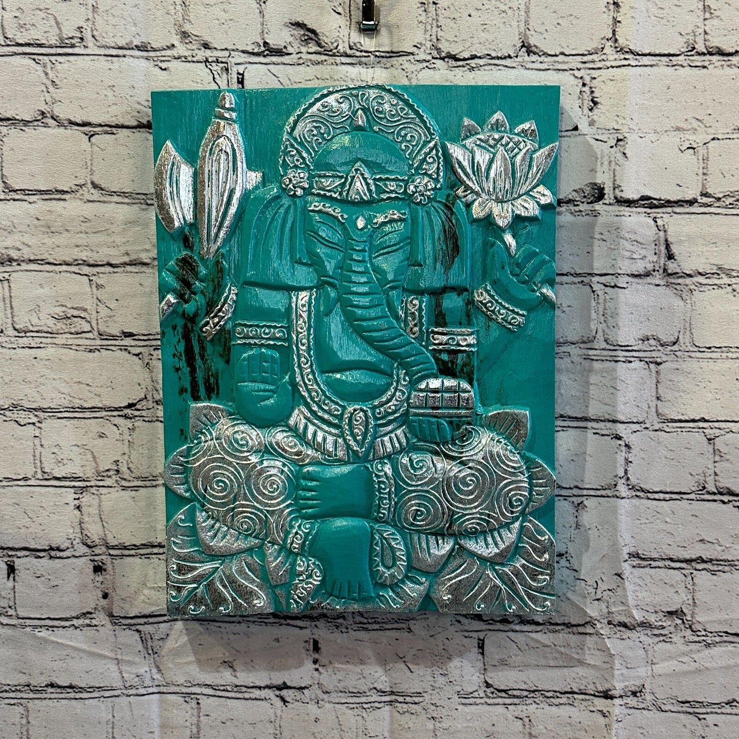 Wooden Wood Panel 40cm Brown Teal Ganesh Lotus Wall Art Plaque Handcarved