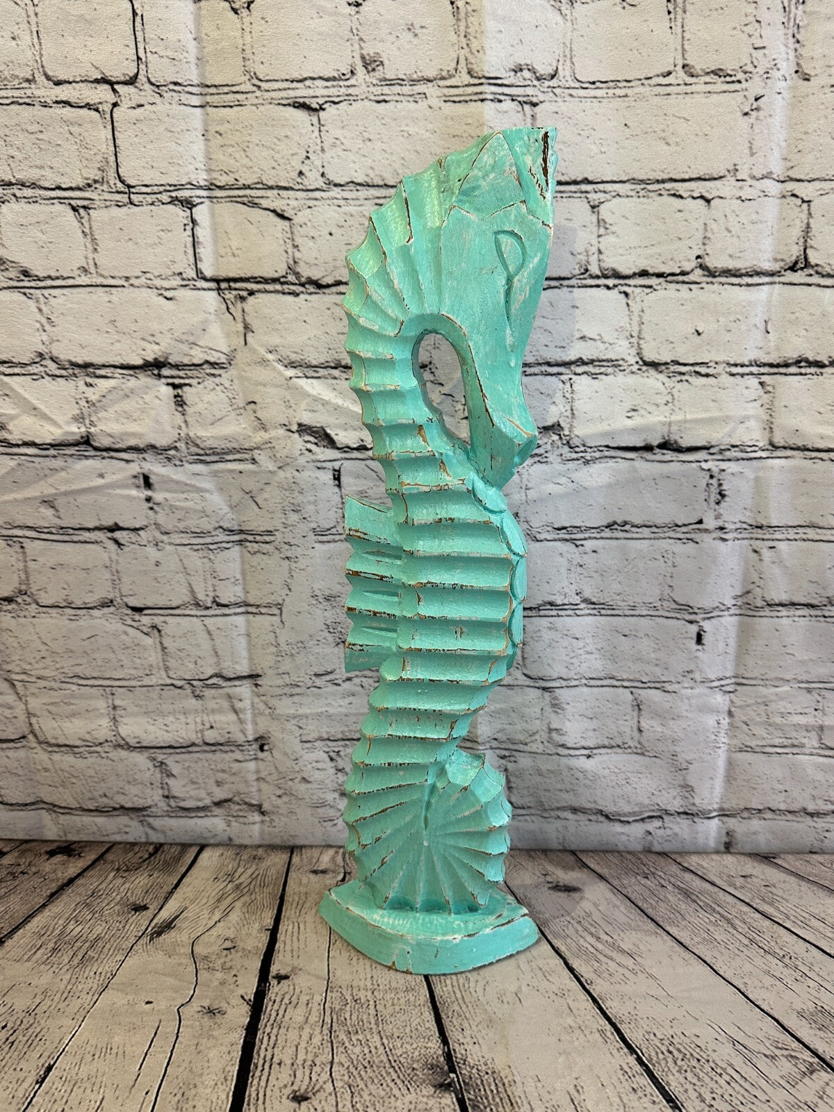 50cm Green Plain Wooden Shabby Seahorse Statue Ornament Fair Trade Handcarved