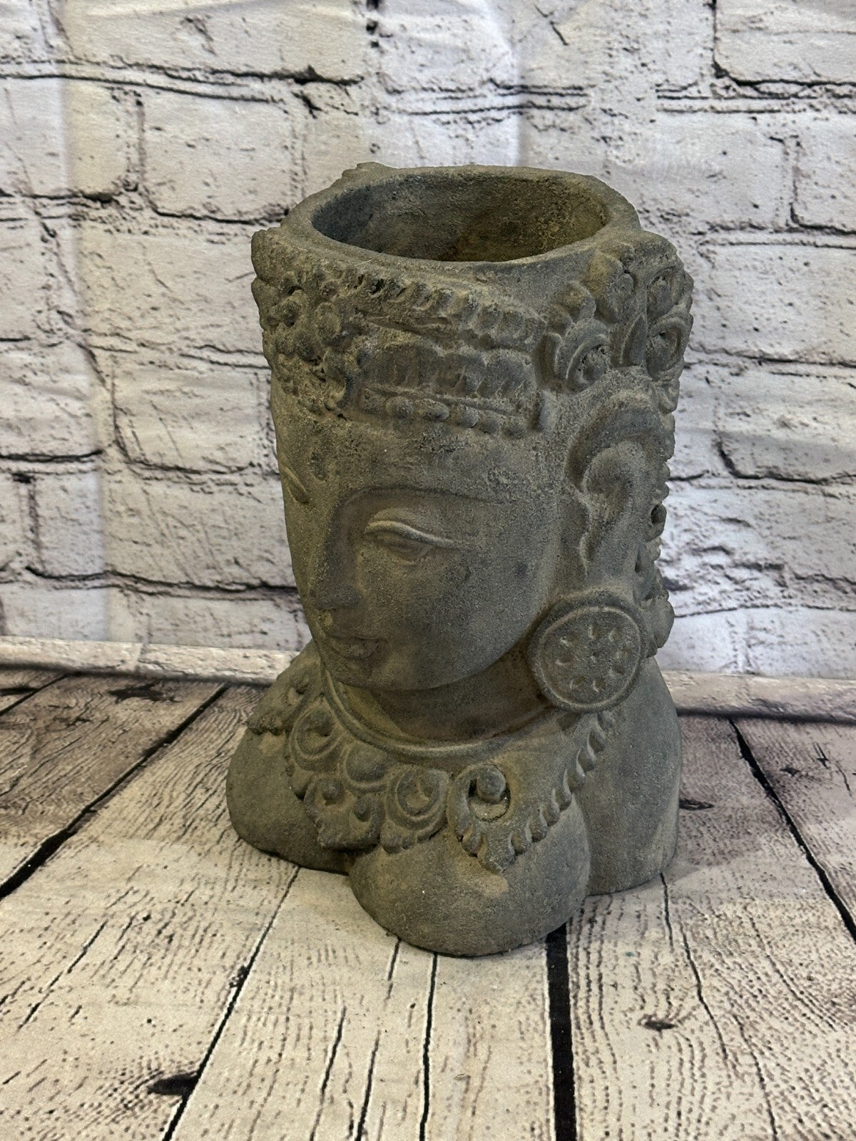 Thai Buddha Head Stone Garden Pot 25cm x 15cm Ornament Indoor Statue Hindu