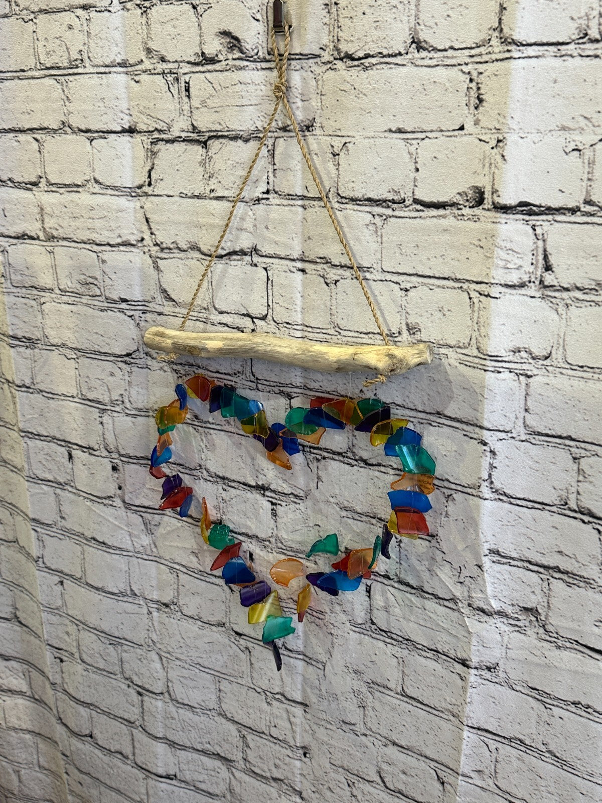 35cm x 25cm Rainbow Heart Recycled Glass Driftwood Handmade Garden Home Mobile