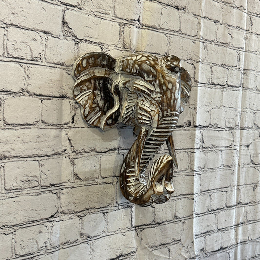 30cm x 30cm Brown Carved Wood Elephant Head Wall Mounted Art Large Shabby