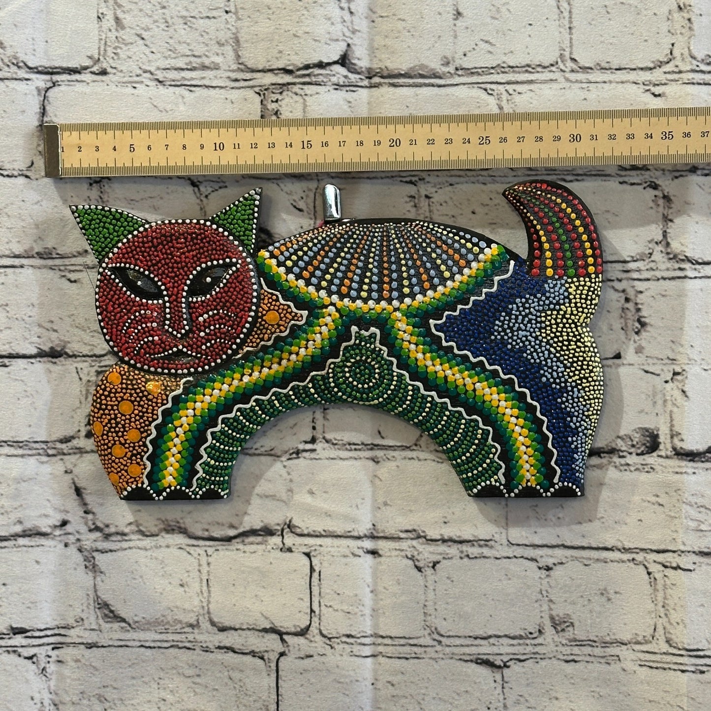 30cm Red Cat Carved Wooden Dot Painted Ethnic Tribal Tiki Wall Art Handmade