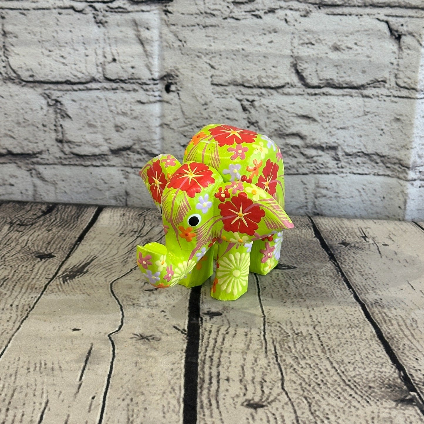 Green Wooden Elephant With Flower Pattern 10cm x 12cm Handmade and Fairtrade