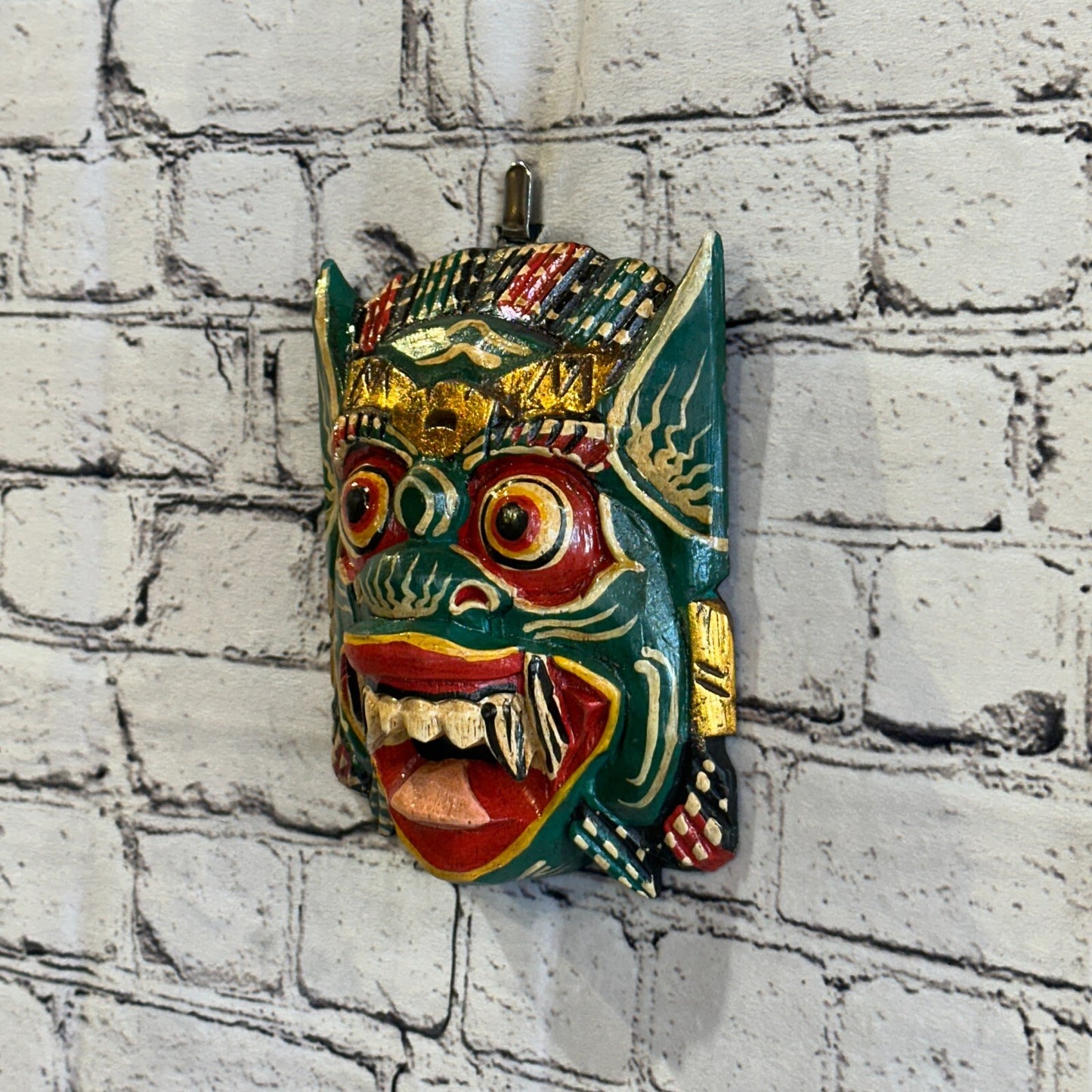 Large Wooden Green Barong Wall Mask 18cm x 18cm Handmade And Fairtrade Hindu