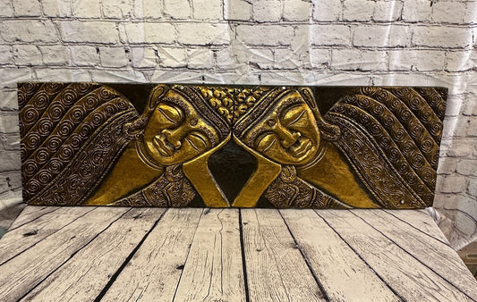 100cm x 30cm Buddha 2 Faces Gold Wooden Wood Panel Wall Art Plaque Handcarved