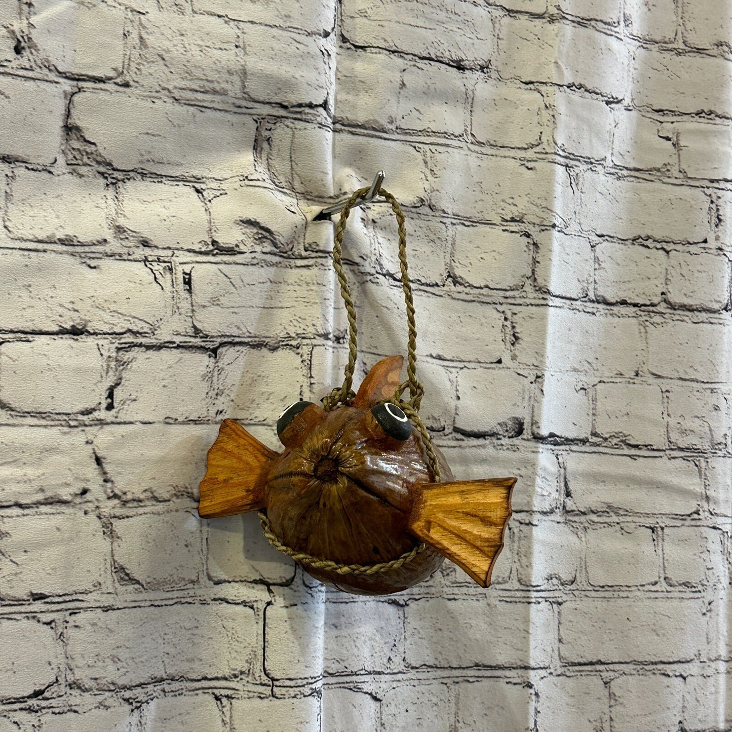 Plain Brown Folk Art Hand Painted Puffer Fish Coconut Shell Ornaments Hanging