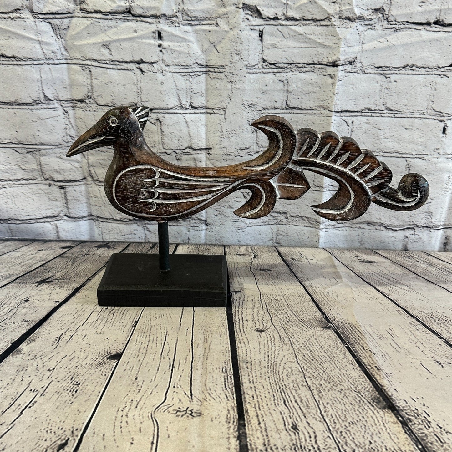 45cm x 25cm Wooden Tribal Primitive Black Phoenix Bird Stand Sculpture Statue