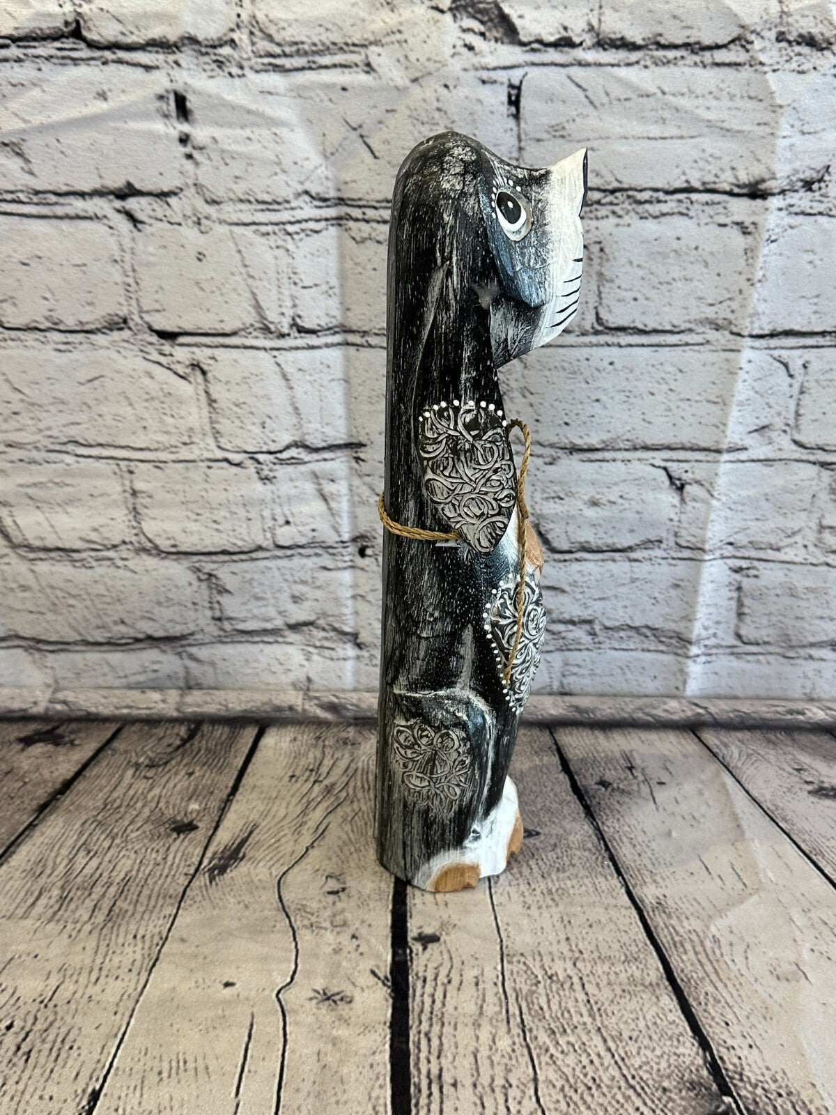30cm Grey Flower Wooden Shabby Dog Statue Ornament Fair Trade Handcarved