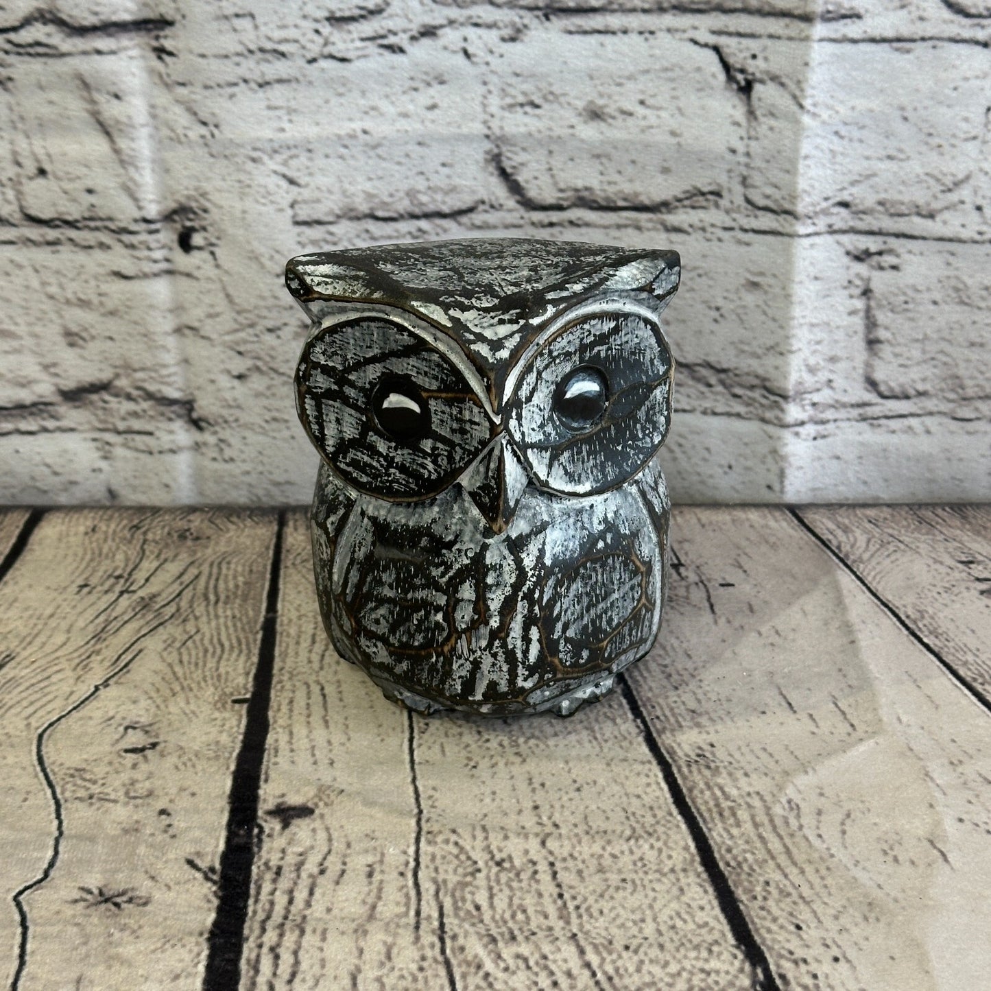 12cm x 10cm Black Flower Wooden Shabby Owl Statue Ornament Fair Trade Handcarved