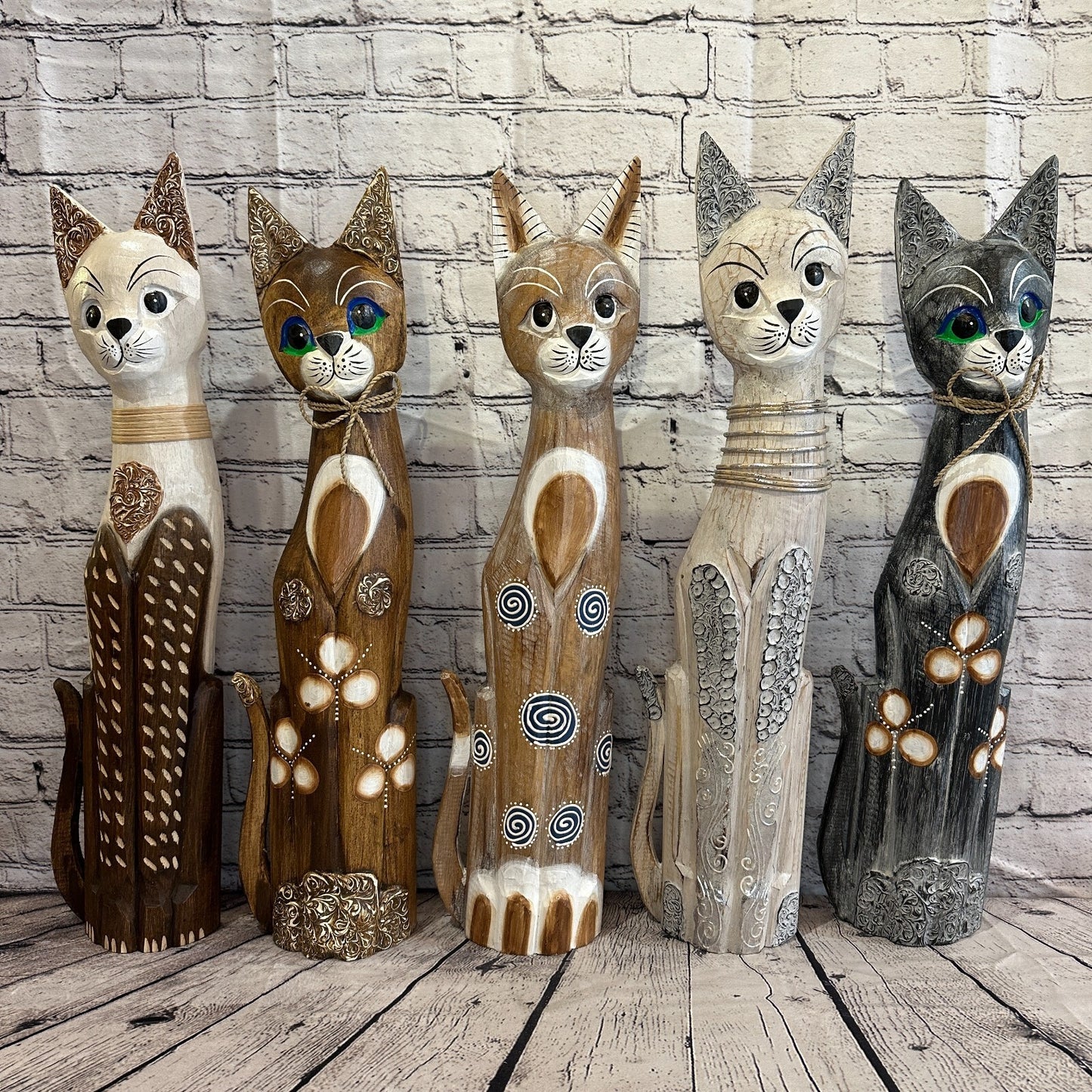 100cm Brown Swirl Flower Wooden Shabby Cat Statue Ornament Fair Trade Handcarved