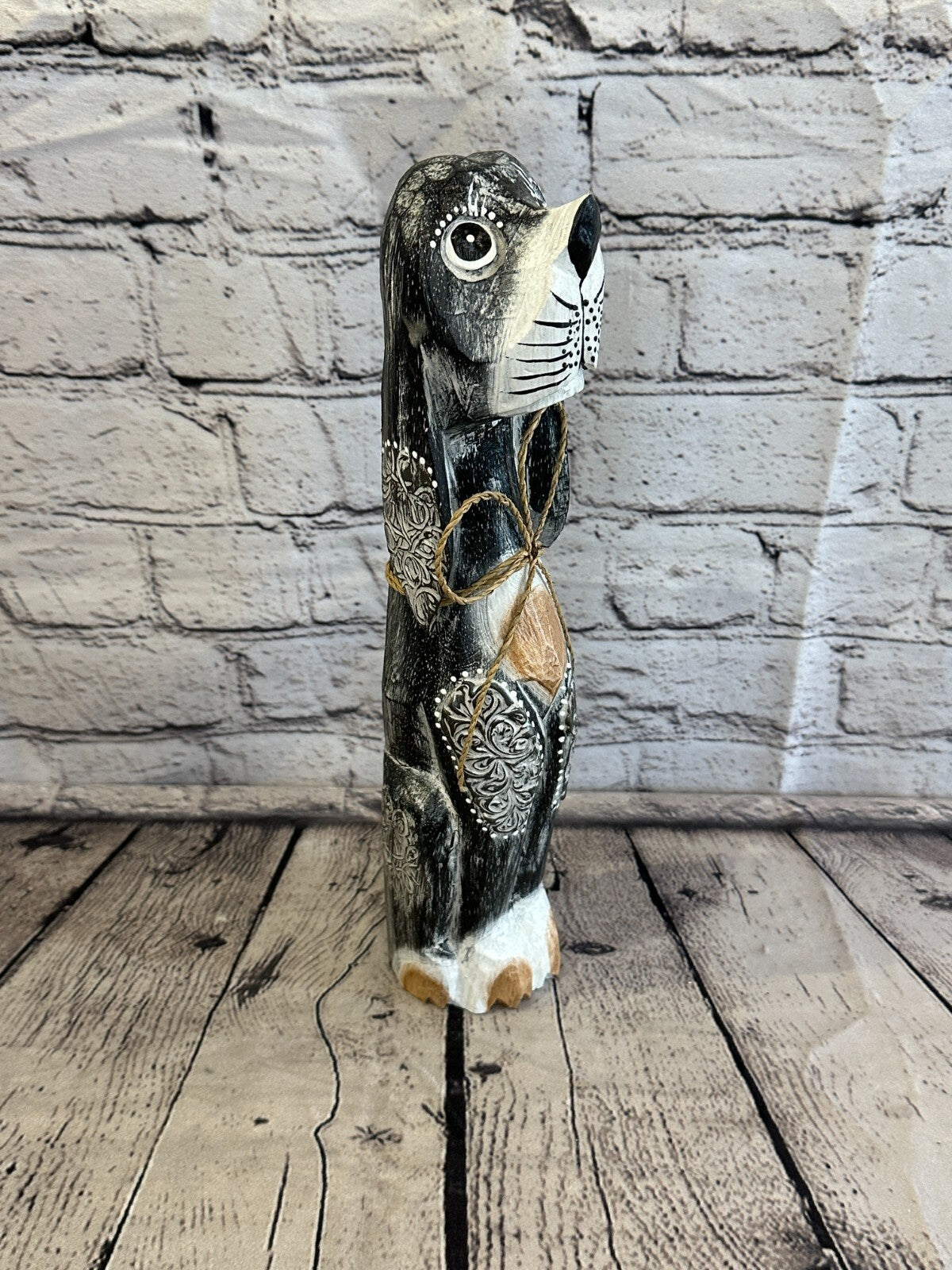 30cm Grey Flower Wooden Shabby Dog Statue Ornament Fair Trade Handcarved