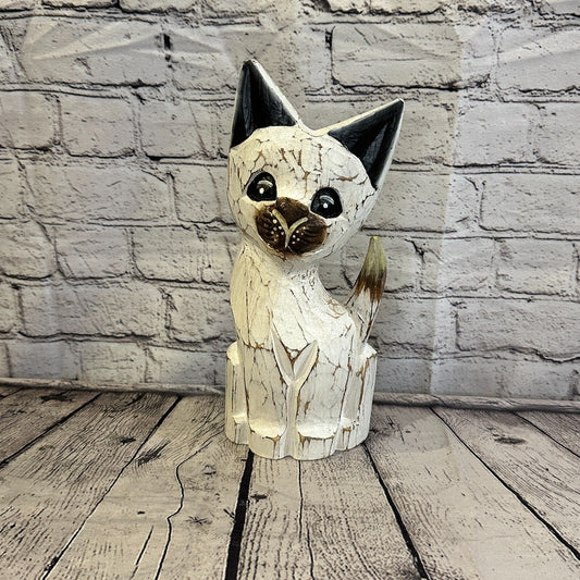30cm x 12cm White Flower Wooden Shabby Cat Statue Ornament Fair Trade Handcarved