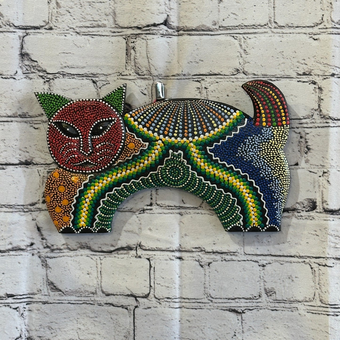 30cm Red Cat Carved Wooden Dot Painted Ethnic Tribal Tiki Wall Art Handmade