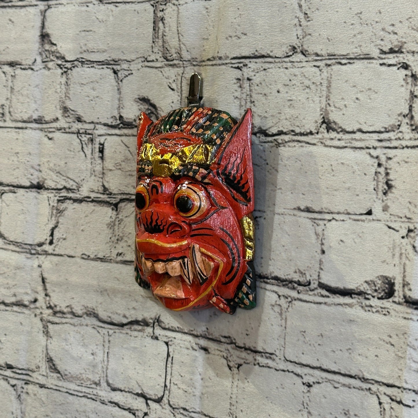 Small Wooden Red Barong Wall Mask 15cm x 12cm Handmade And Fairtrade Hindu